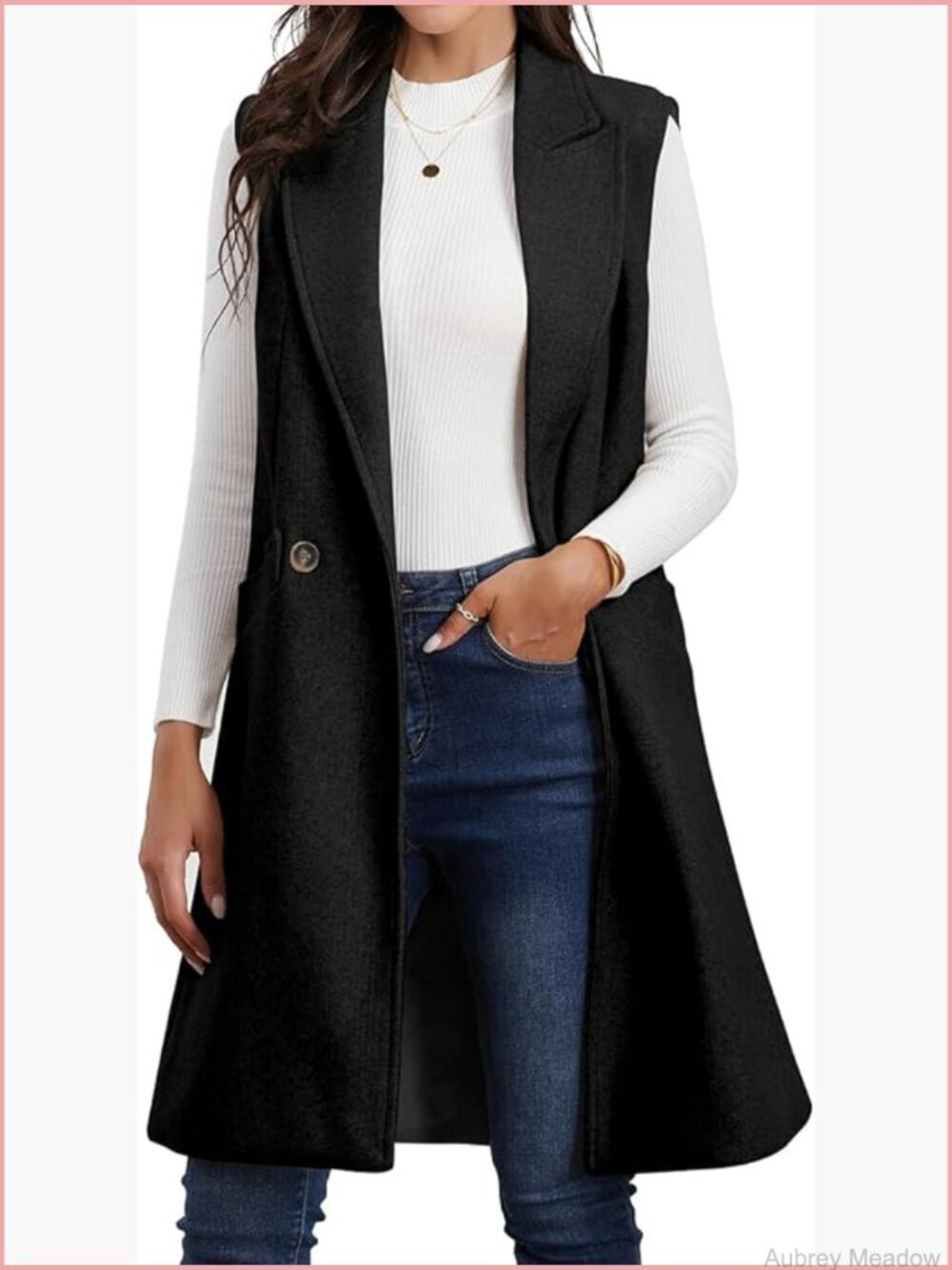 Long Wool Sleeveless Blazer Vest with Pockets